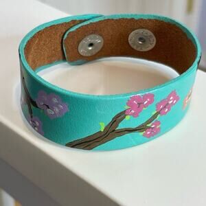 Hand painted leather adjustable bracelet cherry blossoms